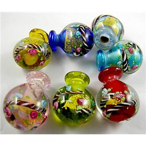 Lampwork Glass Bottle pendant with gold foil and flower, mix, 25mm wide, 30mm high, 19mm thick, hole:5mm [LWBSB03MIX]