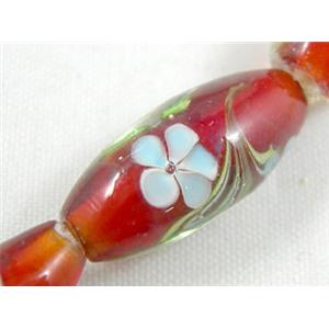 red lampwork glass beads, barrel, flower, 10x19mm, hole:2mm [LWBTU023]