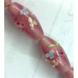 glass lampwork beads, barrel, flower, pink, 10x19mm, hole:2mm [LWBTU024]