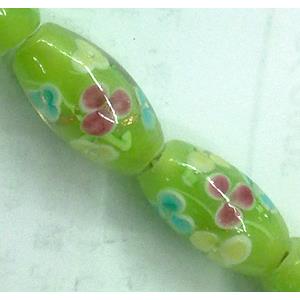 glass lampwork beads, barrel, flower, green, 10x19mm, hole:2mm [LWBTU025]