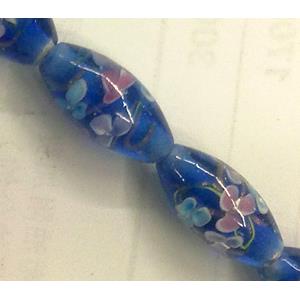 glass lampwork beads, barrel, flower, blue, 10x19mm, hole:2mm [LWBTU026]