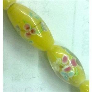 glass lampwork beads, barrel, flower, yellow, 10x19mm, hole:2mm [LWBTU027]