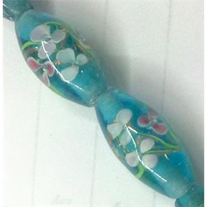 glass lampwork beads, barrel, flower, aqua, 10x19mm, hole:2mm [LWBTU028]