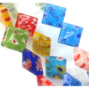Millefiori glass bead, square, corner-drilled, mixed, 14x14mm, 28pcs per st [MGOT14-14MM]