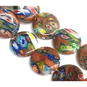 Millefiori glass bead with goldsand, flat-round, mixed, 10mm dia, 40pcs per st [MGOT23-10MM]