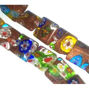 Millefiori glass bead with goldsand, mixed, square, 20x20mm, 20pcs per st [MGOT26-20MM]
