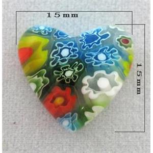 heart Cabochon, Millefiori glass bead, multi-flower, flat-back, 15x15mm [MGOT48]