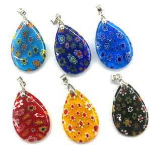 millefiori glass pendant, teardrop, multi-flower, mixed, 18x25mm [MGPD011]