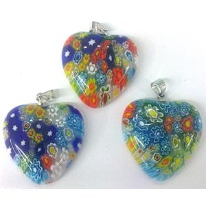 Millefiori glass pendant, heart, multi-flower, mixed, 20mm dia [MGPD012]