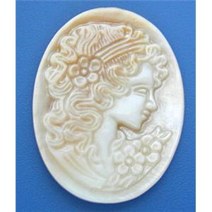 Mother of Pearl cabochon, oval, carved beauty, white, 22x30mm,3mm thick [MPPD01]