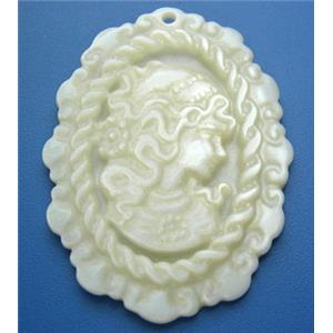 Mother of Pearl pendant, oval, carved beauty, white, 32x42mm,4mm thick [MPPD02]