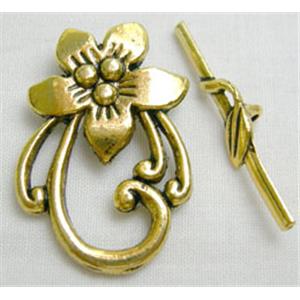 Antique Gold Tibetan Silver Toggle Clasps Non-Nickel, flower:20mm dia, bar:30mm length [NN0677AG]