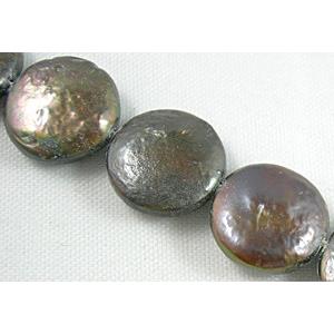 freshwater pearl beads, flat-round, coffee-grey, 12mm dia, approx 32beads per st [PAFR04]
