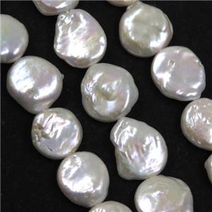 Ffreshwater pearl button beads, natural color, coin round, white, approx 12-13mm [PANC08]
