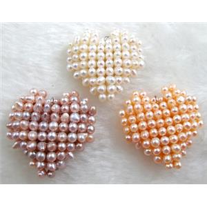 freshwater pearl pendant, cluster, heart, handcraft, mixed color, 35mm dia [PAPD01]