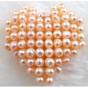 freshwater pearl pendant, cluster, heart, handcraft, pink, 35mm dia [PAPD01C02]