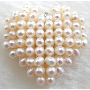freshwater pearl pendant, cluster, heart, handcraft, white, 35mm dia [PAPD01C03]
