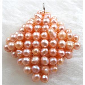 freshwater pearl pendant, cluster, square, handcraft, pink, 40x40mm [PAPD02C02]