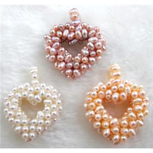 freshwater pearl pendant, cluster, heart, handcraft, mixed color, 40x50mm [PAPD03]