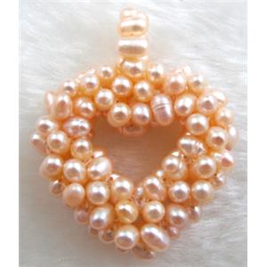 freshwater pearl pendant, cluster, heart, handcraft, pink, 40x50mm [PAPD03C02]