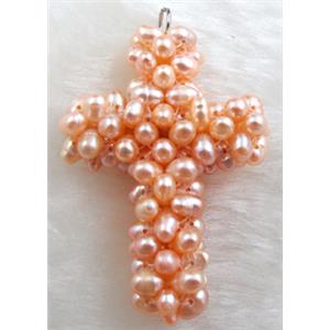 freshwater pearl pendant, cluster, cross, handcraft, pink, 33x45mm [PAPD04C02]
