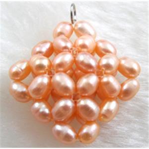 freshwater pearl pendant, cluster, square, handcraft, pink, 28x28mm [PAPD05C02]