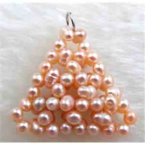 freshwater pearl pendant, cluster, triangle, handcraft, pink, 28x28mm [PAPD06C01]