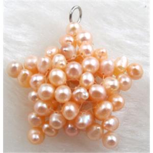 freshwater pearl pendant, cluster, star, handcraft, pink, 30mm dia [PAPD07]