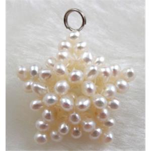 freshwater pearl pendant, cluster, star, handcraft, white, 25mm dia [PAPD08]