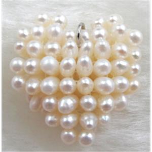 freshwater pearl pendant, cluster, heart, handcraft, white, 25mm dia [PAPD09]
