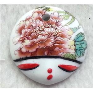 Painted oriental Porcelain pendant, approx 36mm dia [POP25]