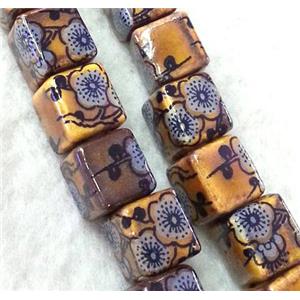 Porcelain beads, cube, approx 10x10x10mm, 3mm hole [POP71]