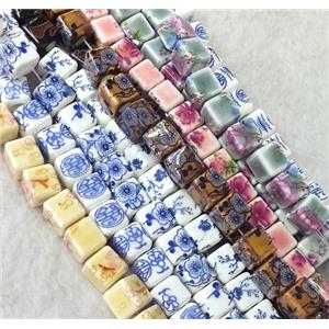 Porcelain cube beads, mixed color, approx 10x10x10mm, 3mm hole [POP76]