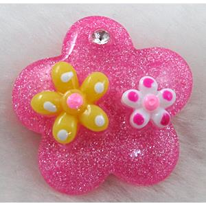 Resin Cabochon, flower, flat-back, hot-pink, approx 29mm dia [PSCH033C04]