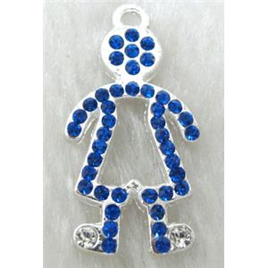 Alloy pendants paved blue rhinestone, silver plated, 20x32mm, 46pcs rhinestone [RBCH01C03]