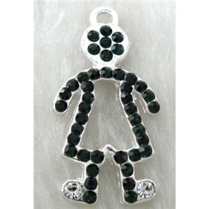 Alloy pendants paved black rhinestone, silver plated, 20x32mm, 46pcs rhinestone [RBCH01C04]