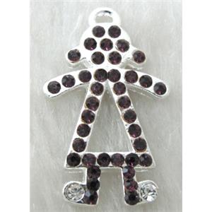 Alloy pendants paved dark-purple rhinestone, silver plated, 20x32mm, 46pcs rhinestone [RBCH01C05]