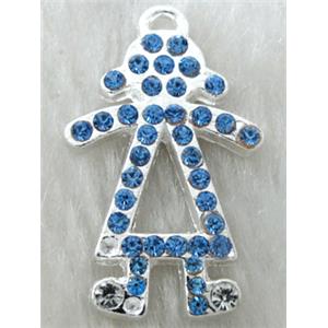 Alloy pendants paved blue rhinestone, silver plated, 20x32mm, 46pcs rhinestone [RBCH01C06]