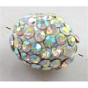 Resin bead pave rhinestone, oval, white AB-color, 10x12mm, 2mm hole [RBCH203]