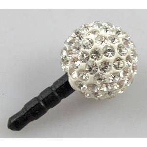 Earphone Jack Dust Cap Plug, fimo with mideast rhinestone, white, 10mm dia,22mm length [RBCH91-10MM]