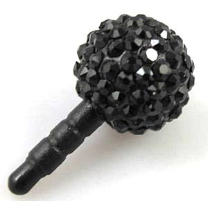 Earphone Jack Dust Cap Plug, fimo with mideast rhinestone, black, 14mm dia, 26mm length [RBCH94-14MM]