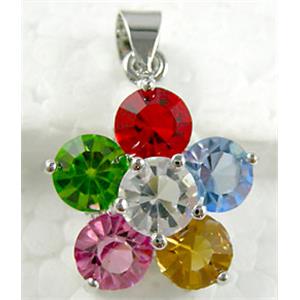 mixed color Mideast rhinestone flower pendant, copper, platinum plated, 18mm dia [RBPD03]