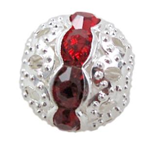 Rhinestone, copper round bead, silver plated, red, 6mm dia [RSBARB023-6MM]