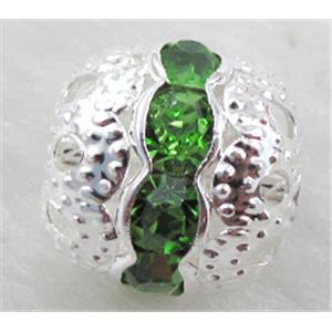 Rhinestone, copper round bead, silver plated, green, 10mm dia [RSBARB024-10MM]