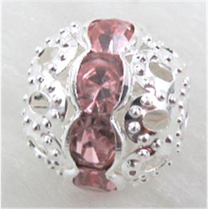 Rhinestone, copper round bead, silver plated, pink, 6mm dia [RSBARB026-6MM]