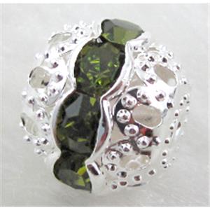 Rhinestone, copper round bead, silver plated, deep green, 10mm dia [RSBARB029-10MM]