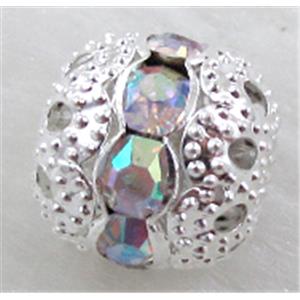 Rhinestone, copper round bead, silver plated, AB color, 10mm dia [RSBARB031-10MM]