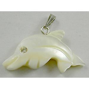 Mother of Pearl pendant, carved, dolphin, white, 15x28mm [HEPD13]