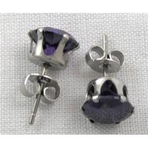 hypoallergenic Stainless steel earring with deep purple cubic zirconia, 15mm length,  Cubic zirconia:8mm [SSER01C02]