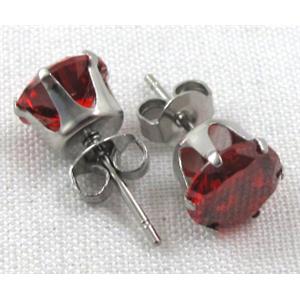 hypoallergenic Stainless steel earring with red cubic zirconia, 15mm length,  Cubic zirconia:8mm [SSER01C03]